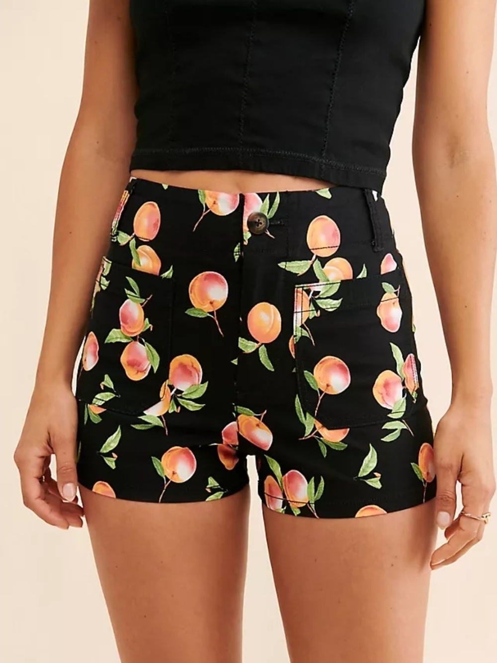 Anthropologie Black High-Waist Peach Print Shorts
